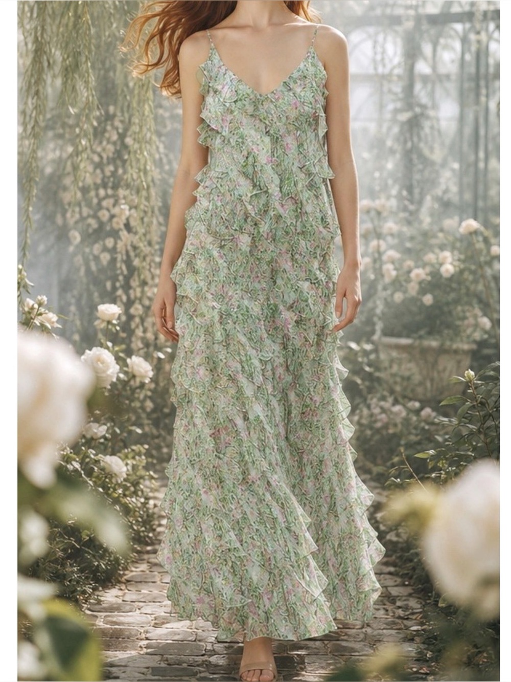 BHLDN Jia Floral Print Bias-Cut Ruffled V-Neck Gown, Light Green, 12 (US)